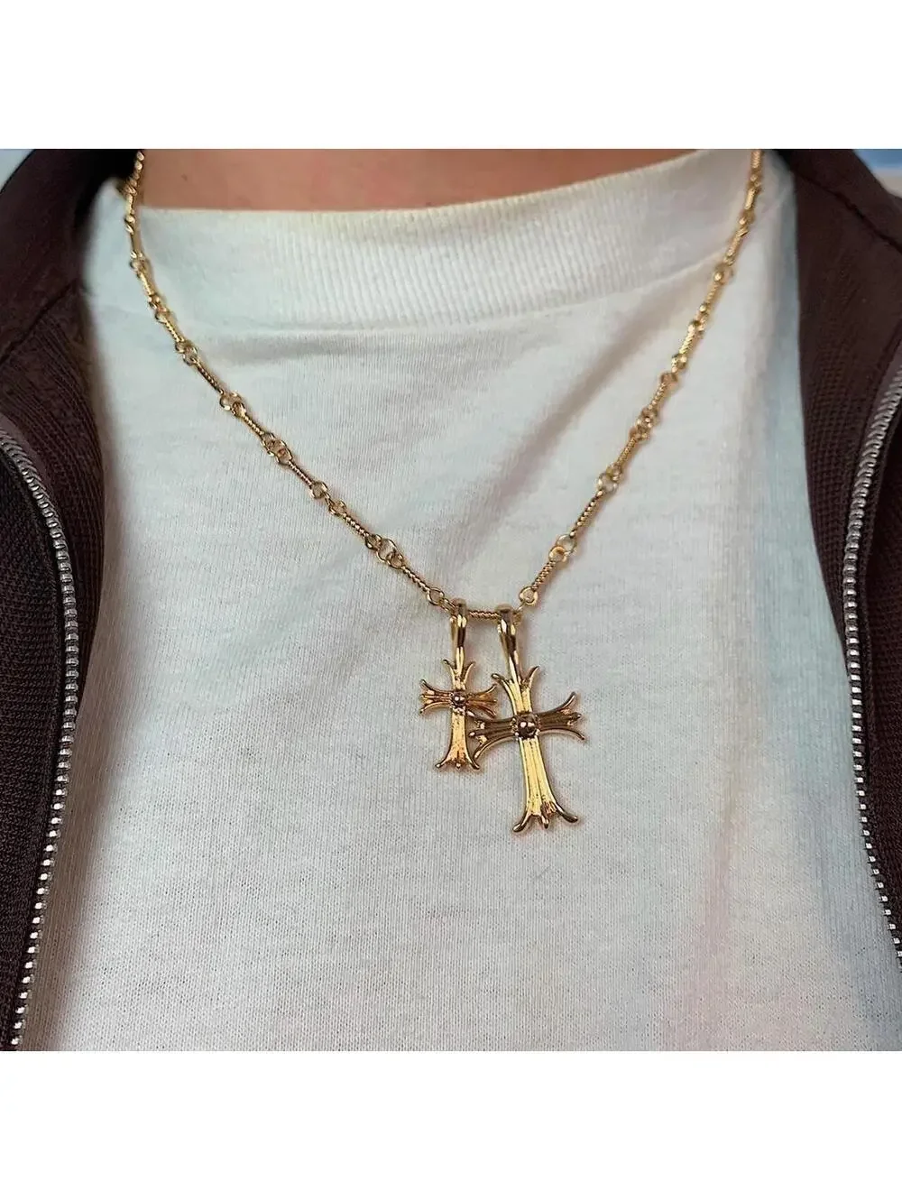 Vintage y2k 2000s style Double Cross Rhinestone Gold Necklace. Rhinestone